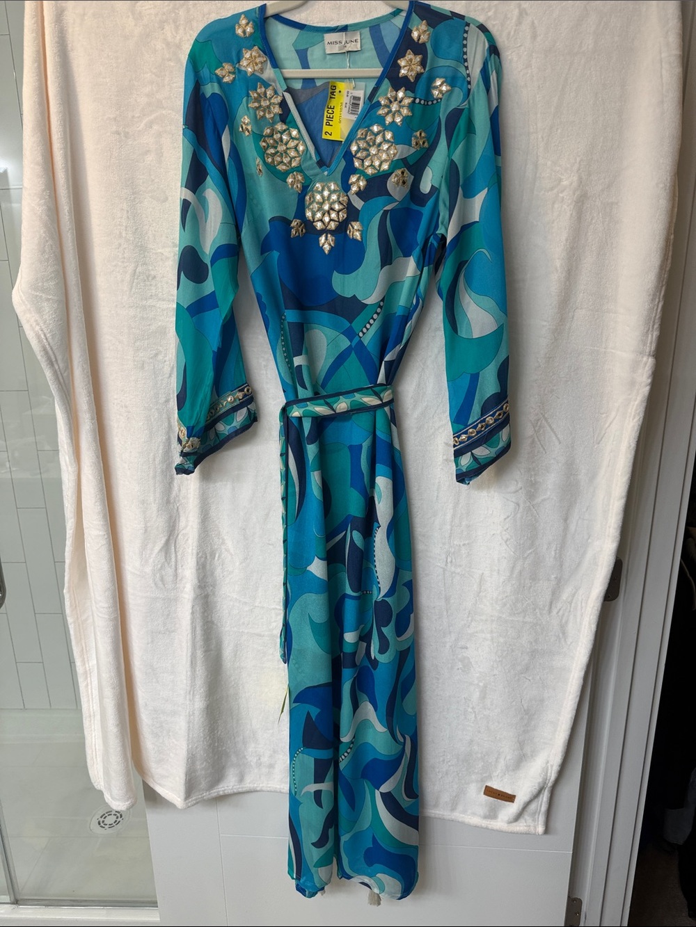 Miss June Turquoise Blue Jeweled Silk Kaftan - Picture 4 of 4